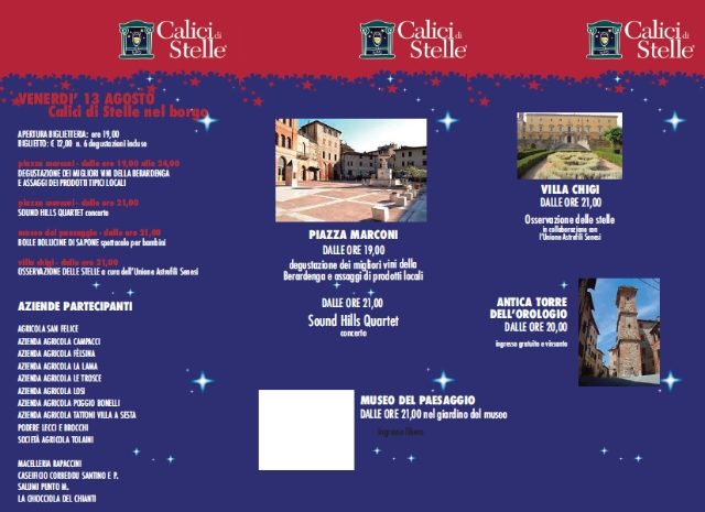 Calici di Stelle a Castelnuovo Berardenga: tre giorni fra vino, musica e spettacolo (mercoledì 4, sabato 7 e venerdì 13 agosto)